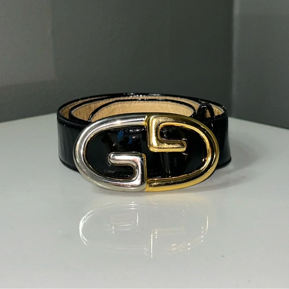 Vintage Gucci Black Patent Leather Belt w/ Gold & Silver GG Buckle size 26